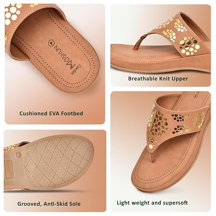 Moshun Women’s Memory Foam Thong Flip-Flop Slippers, (Tan)