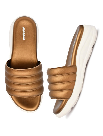 Moshun Women Wedge Heel Mule Slippers, (Gold)