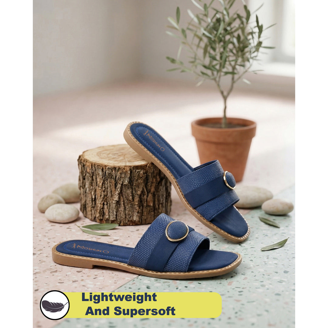 MOSHUN Women’s Open Toe Soft Cushioned Light Weight Flat Sandals, (Blue)